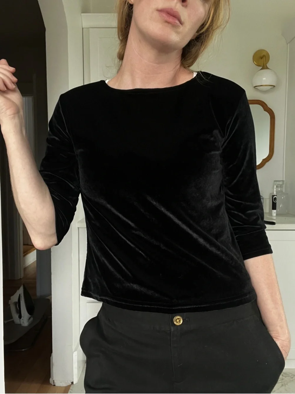Vintage Y2K Black Velvet 3/4 Sleeve Women's Top - Picture 3 of 5